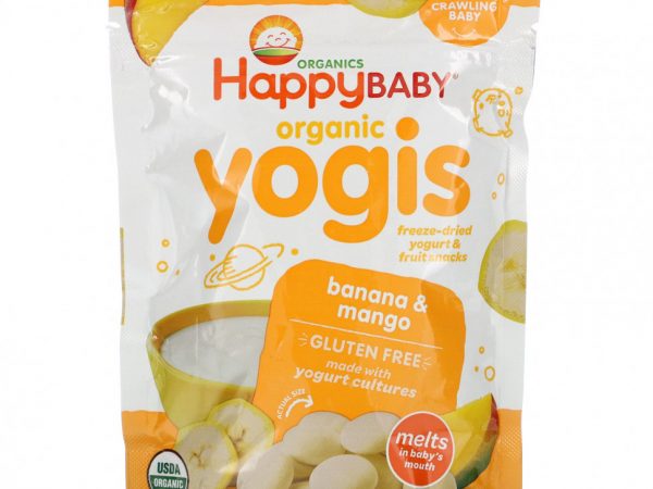Happy Family Organics, Yogis, органические снеки из сублимированного йогурта с фруктами, банан и манго, 28 г