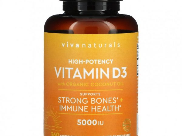 Viva Naturals, Витамин D с органическим кокосовым маслом, высокоэффективный, 5000 МЕ, 360 мягких таблеток