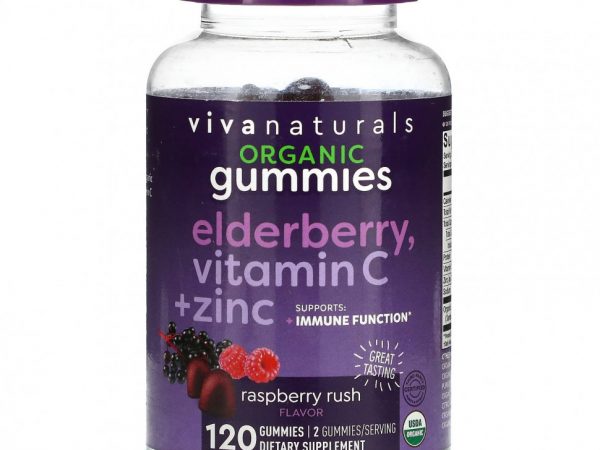 Viva Naturals, Органическая бузина, витамин C + цинк, малина, 120 жевательных таблеток