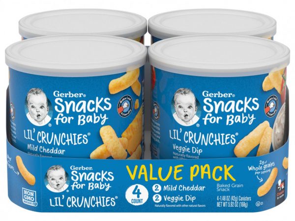 Gerber, Snacks for Baby, маленькие хрустящие хлопья, снеки из запеченных злаков, от 8 месяцев, мягкий чеддер и вегетарианский соус, 4 канистры по 42 г (1,48 унции)