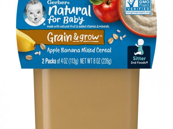 Gerber, Natural for Baby, Grain & Grow, 2nd Foods, смесь хлопьев с яблоком и бананом, 2 пакетика по 113 г (4 унции)