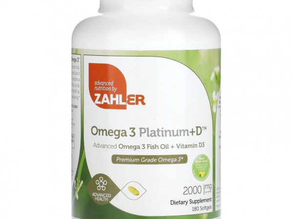 Zahler, Omega 3 Platinum + D, улучшенный рыбий жир с омега-3 и витамином D3, 1000 мг, 180 мягких таблеток