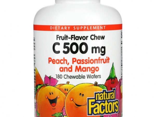 Natural Factors, витамин C в жевательной форме, со вкусом персика, маракуйи и манго, 500 мг, 180 жевательных конфет