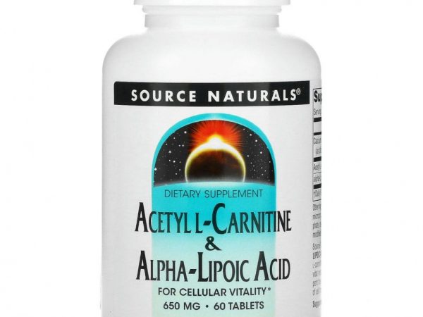 Source Naturals, ацетил-L-карнитин и альфа-липоевая кислота, 650 мг, 60 таблеток