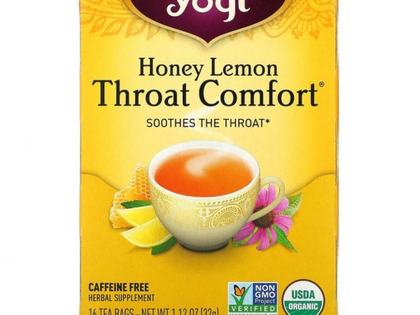 Yogi Tea, Органический, Throat Comfort, со вкусом меда и лимона, без кофеина, 16 чайных пакетиков, 1.12 унций (32 г)