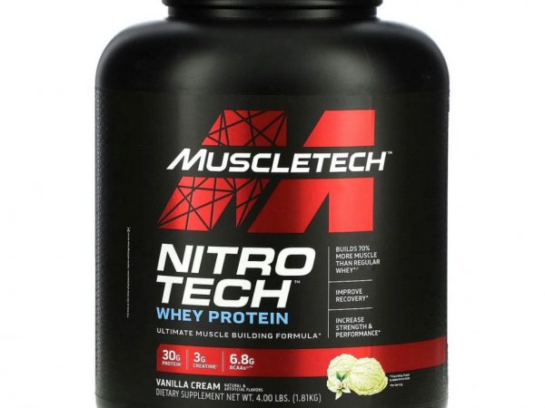 Muscletech, Nitro Tech, основной источник пептидов и изолята сывороточного белка со вкусом ванили, 1,81 кг (4 фунта)