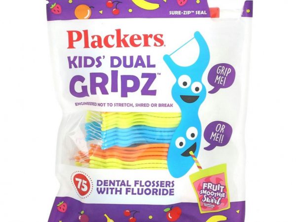 Plackers, Kid's Dual Gripz, детские зубочистки с нитью, с фтором, фруктовый смузи, 75 шт.