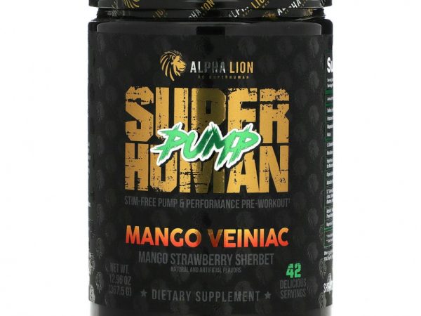 ALPHA LION, SuperHuman Pump, с прожилками с манго и манго, клубничный щербет, 367,5 г (12,96 унции)