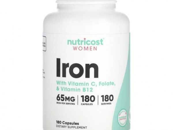 Nutricost, Для женщин, железо, с витамином C, фолатом и витамином B12, 65 мг, 180 капсул