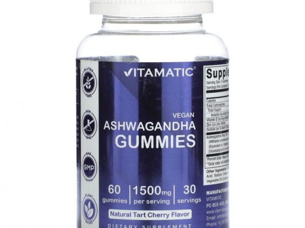 Vitamatic, Веганская ашваганда, натуральная вишня, 750 мг, 60 жевательных таблеток