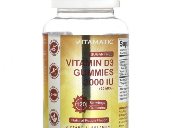 Vitamatic, Жевательные таблетки с витамином D3, натуральный персиковый вкус, 2000 МЕ (50 мкг), 120 жевательных таблеток
