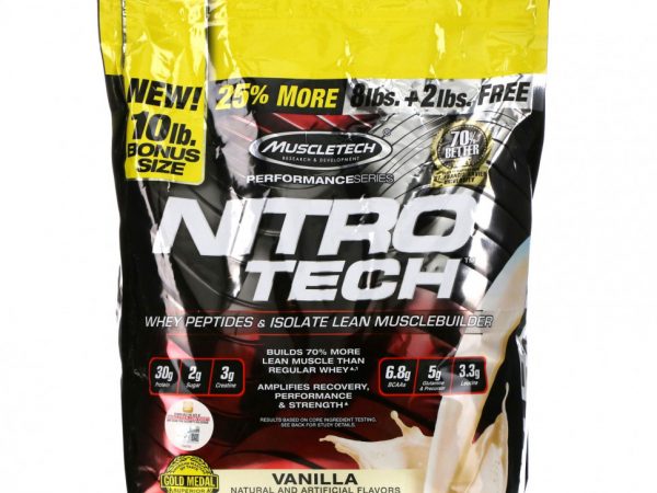 Muscletech, Performance Series, Nitro Tech, сывороточные пептиды и изолят для наращивания мышечной массы, ваниль, 4,54 кг (10 фунтов)