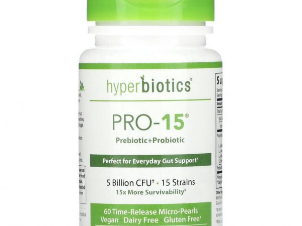 Hyperbiotics, PRO-15, идеальный пробиотик, 5 млрд КОЕ, 60 запатентованных микрогранул с замедленным высвобождением