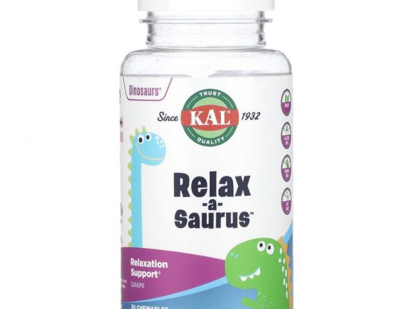 KAL, Dinosaurs, Relax-a-Saurus, смесь с L-теанином, виноградный вкус, 30 жевательных таблеток