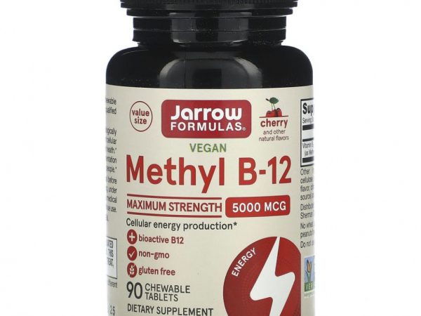 Jarrow Formulas, Метил B-12, вишня, 5000 мкг, 90 жевательных таблеток