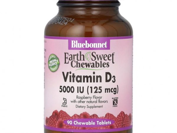 Bluebonnet Nutrition, витамин D3, малина, 5000 МЕ (125 мкг), 90 жевательных таблеток