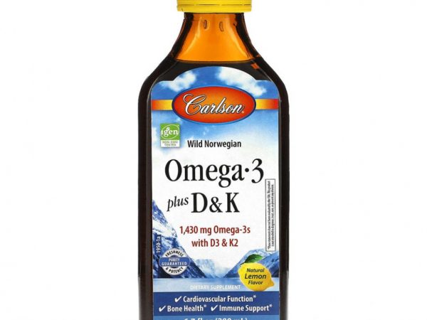 Carlson, Omega 3 Plus D & K, натуральный лимон, 1430 мг, 200 мл (6,7 жидк. Унции)
