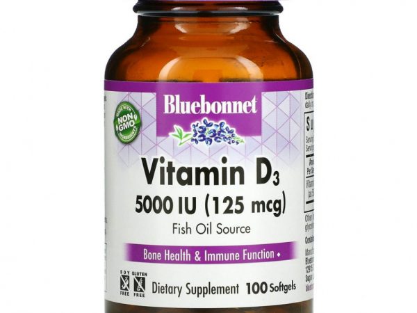 Bluebonnet Nutrition, витамин D3, 125 мкг (5000 МЕ), 100 мягких таблеток