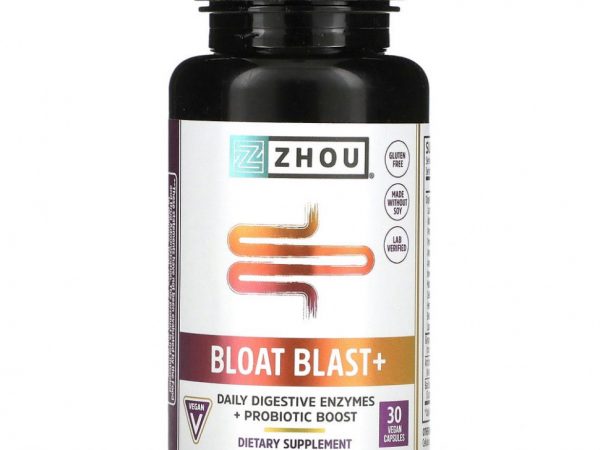 Zhou Nutrition, Bloat Blast+, добавка против вздутия живота, 30 веганских капсул
