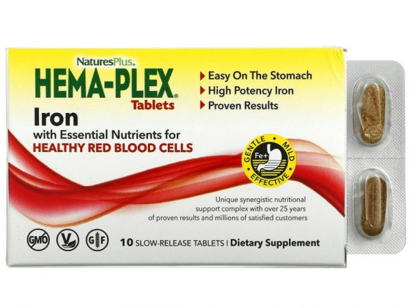 NaturesPlus, Hema-Plex, железо с незаменимыми питательными веществами для здоровых эритроцитов, 10 таблеток с замедленным высвобождением
