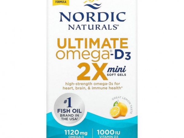 Nordic Naturals, Ultimate Omega 2X с витамином D3, лимон, 60 мягких мини-таблеток
