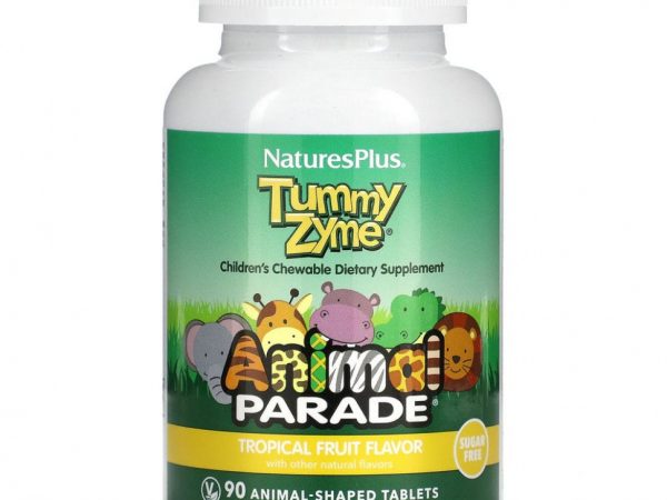 NaturesPlus, Source of Life, Animal Parade, Tummy Zyme с активными ферментами, цельными продуктами и пробиотиками, натуральный вкус тропических фруктов, 90 таблеток в форме животных