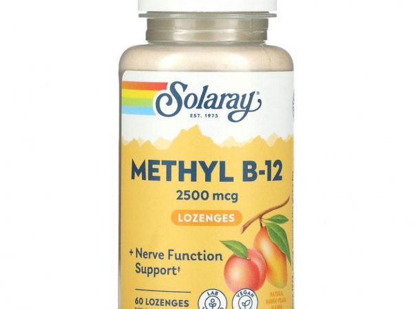 Solaray, высокоэффективный метил B12, натуральные манго и персик, 2500 мкг, 60 леденцов
