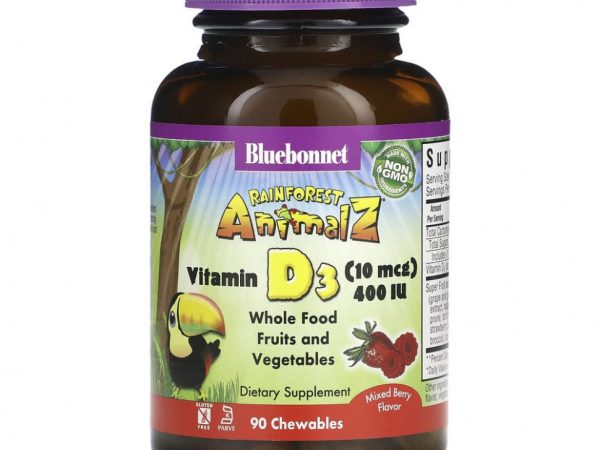 Bluebonnet Nutrition, Rainforest Animalz, витамин D3 с натуральным ягодным вкусом, 400 МЕ, 90 жевательных таблеток