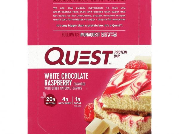 Quest Nutrition, Белковый батончик Quest, белый шоколад с малиной, 12 батончиков, 2,12 унц. (60 г) каждый