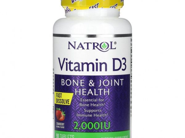 Natrol, витамин D3 для здоровья костей и суставов, клубничный вкус, 2000 МЕ, 90 таблеток