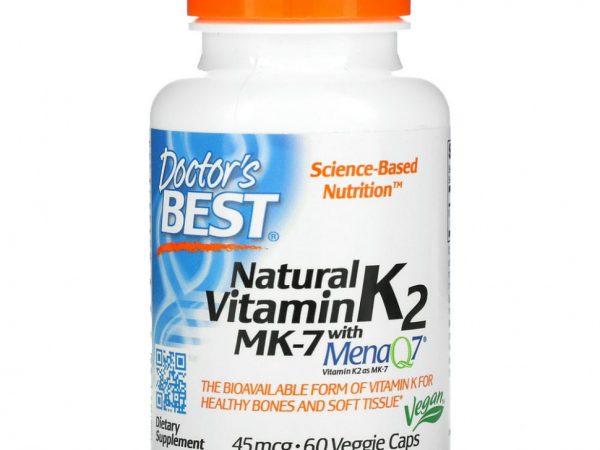 Doctor's Best, натуральный витамин K2 MK-7 с MenaQ7, 45 мкг, 60 вегетарианских капсул