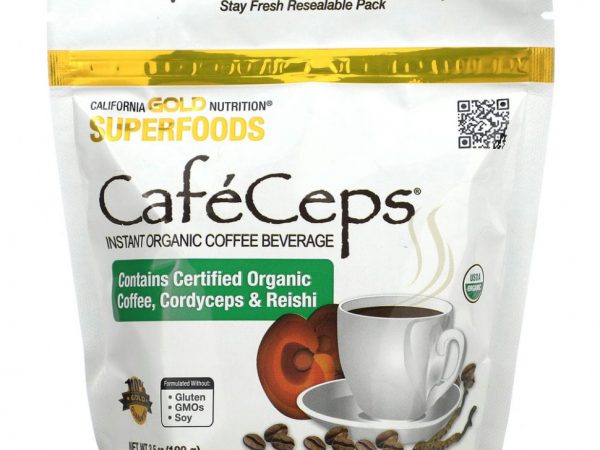 California Gold Nutrition, SUPERFOODS, Caf?Ceps, сертифицированный органический растворимый кофе с порошком из грибов кордицепс и рейши, 100 г (3,5 унции)