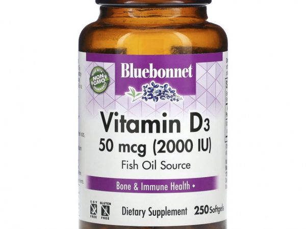 Bluebonnet Nutrition, витамин D3, 50 мкг (2000 МЕ), 250 капсул