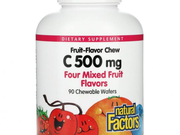 Natural Factors, Жевательный витамин C со вкусом фруктов, смесь четырех фруктовых вкусов, 500 мг, 90 жевательных вафель