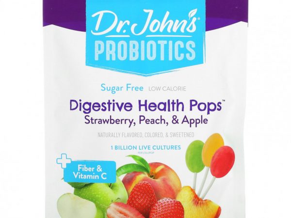 Dr. John's Healthy Sweets, Пробиотики, леденцы для здоровья пищеварительной системы, с клетчаткой и витамином C, клубника, персик и яблоко, без сахара, 1 миллиард, 14 леденцов на палочке в индивидуальной упаковке, 109 г (3,85 унции)
