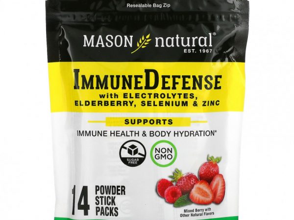 Mason Natural, Иммунная защита с электролитами, бузина, селен и цинк, смесь ягод, 14 пакетиков в виде стиков, 112 г (4 унции)