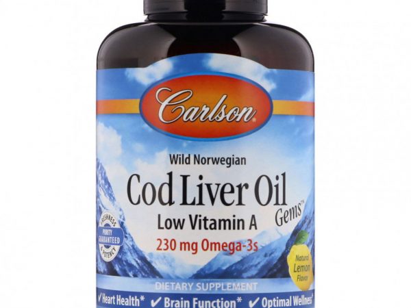 Carlson Labs, Wild Norwegian, масло печени трески с драгоценными камнями, с низким содержанием витамина А, натуральный лимонный вкус, 230 мг, 150 мягких таблеток
