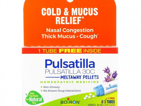 Boiron, Pulsatilla, от простуды и снятия слизи, гранулы Meltaway, 30C, 3 тюбика, 80 гранул в каждой