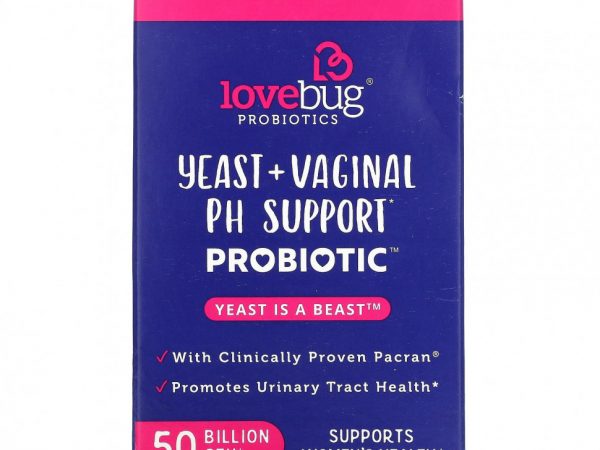 LoveBug Probiotics, Дрожжи и пробиотик для поддержки влагалищного уровня PH, повышенная эффективность, 50 млрд КОЕ, 30 шт.