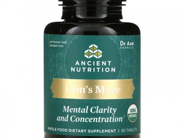 Dr. Axe / Ancient Nutrition, Lion's Mane, ясность ума и концентрация, 30 таблеток