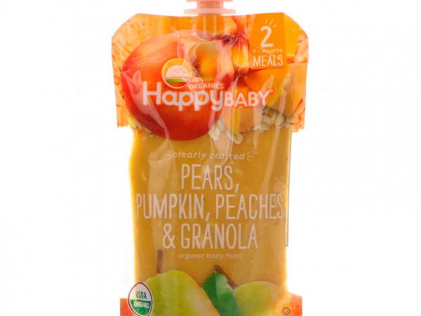 Happy Family Organics, Органическое детское питание, этап 2, от 6 месяцев, груши, тыква, персики и мюсли, 113 г (4 унции)