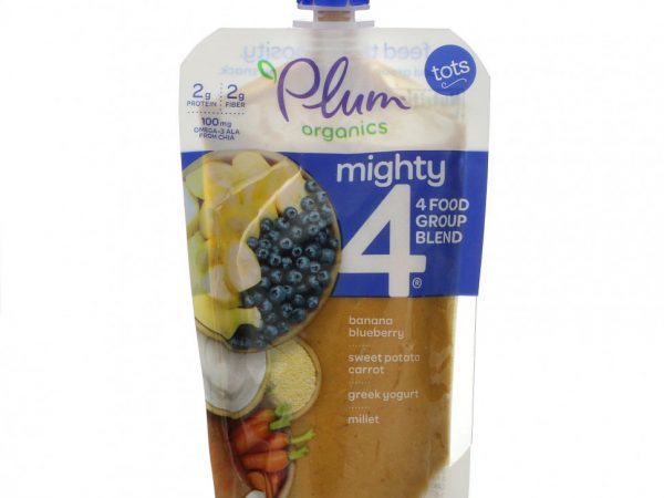 Plum Organics, Mighty 4, смесь 4 Food Group, крупа, банан, голубика, батат, морковь, греческий йогурт, просо, 113 г (4 унции)