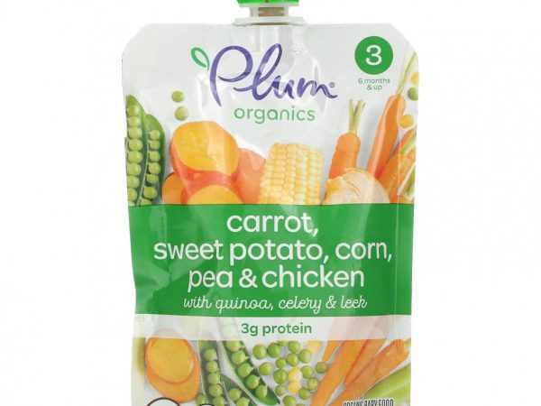 Plum Organics, органическое детское питание, этап 3, морковь, батат, кукуруза, горох, курица с киноа, сельдереем и луком-пореем, 113 г (4 унции)