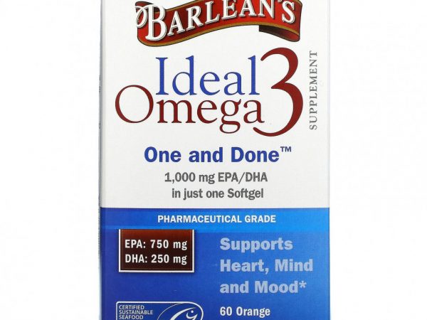 Barlean's, Ideal Omega 3, апельсин, 1000 мг EPA / DHA, 60 мягких таблеток