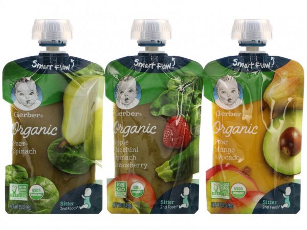 Gerber, Organic, набор с разными вкусами: груша и шпинат, груша, манго и авокадо, яблоко, цуккини, шпинат и клубника, 9 пакетиков, 99 г (3,5 унции) каждый