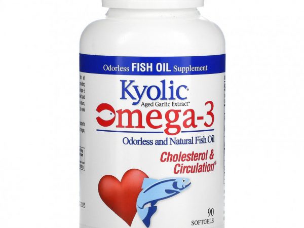 Kyolic, Aged Garlic Extract, выдержанный экстракт чеснока, с омега-3, улучшение холестеринового баланса и кровообращения, 90 капсул с омега-3