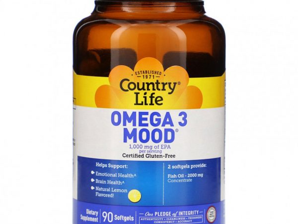 Country Life, Omega 3 Mood, натуральный ароматизатор со вкусом лимона, 90 мягких желатиновых капсул