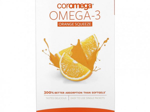 Coromega, омега-3 со вкусом апельсина, 90 пакетиков, 2,5 г каждый