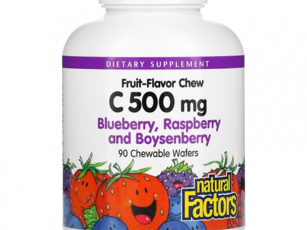 Natural Factors, жевательные таблетки с витамином C со вкусом фруктов, голубика, малина и бойзенова ягода, 500 мг, 90 шт.