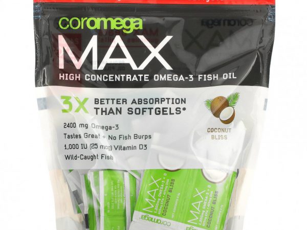 Coromega, Max High Concentrate Omega-3 Fish Oil, Coconut Bliss, 90 выжимок, 2,5 г каждый